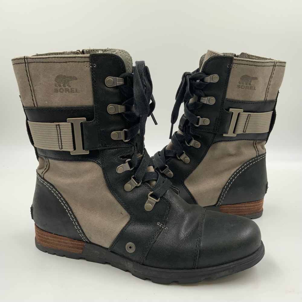 Sorel Women's Black and Taupe Combat Moto Boots